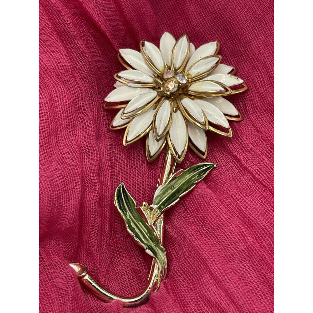 Daisy Layered Enamel Brooch VTG 50s-70s MCM AB Rhinestone Center 3.5 inch